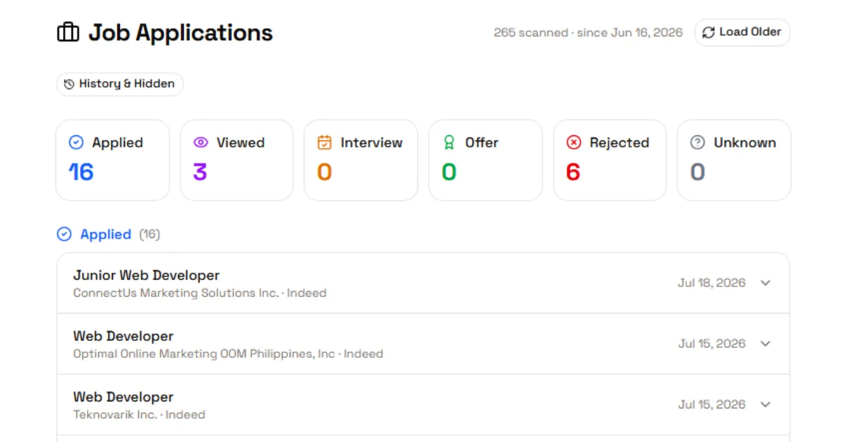 ejobtrack dashboard showing parsed job application statuses